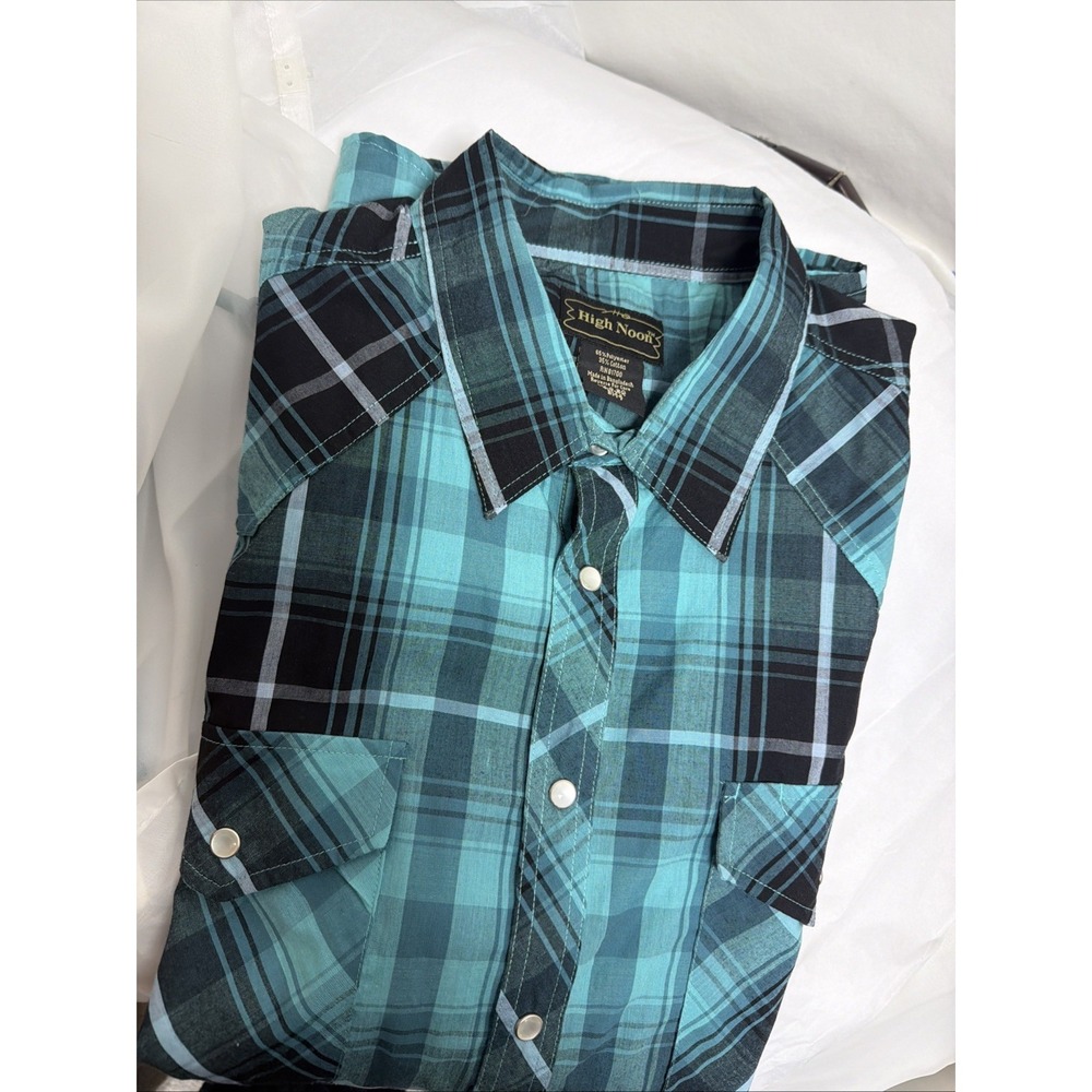High Noon Shirt Men XLGE Teal Plaid Western Short Sleeve Pearl Snap Shirt